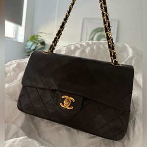 CHANEL double flap 1980 dark brown calf skinQuilted Shoulder Bag with 24k Gold
